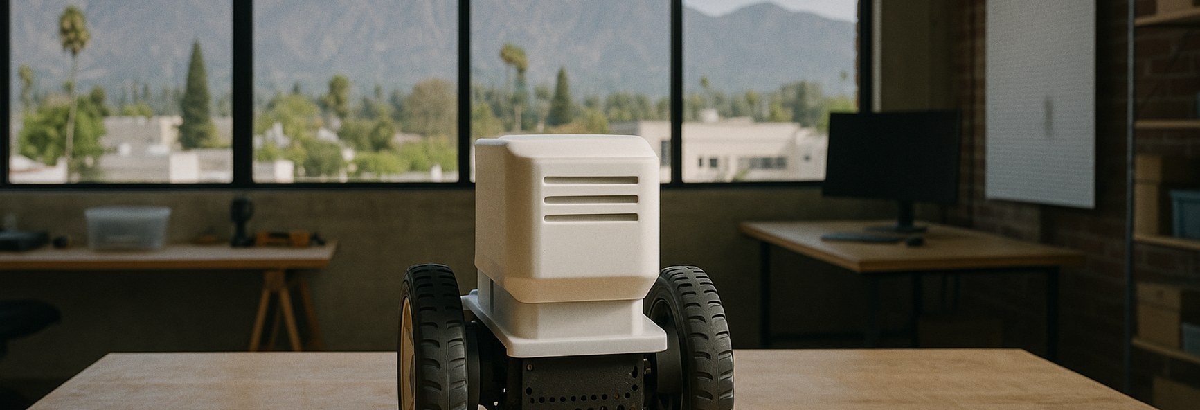 a product prototype on a workbench in a sunny Pasadena studio, with the San Gabriel mountains outside