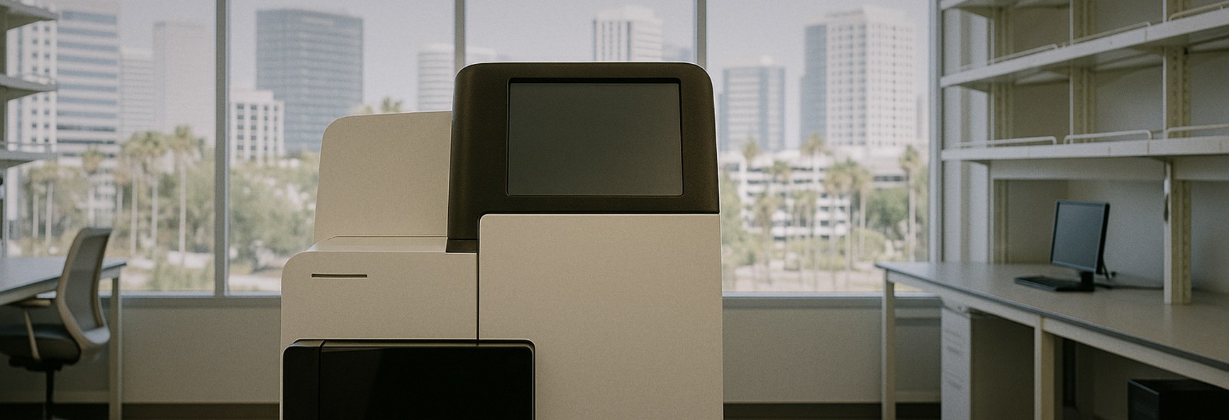 a genomic sequencing instrument in a clean, bright San Diego laboratory