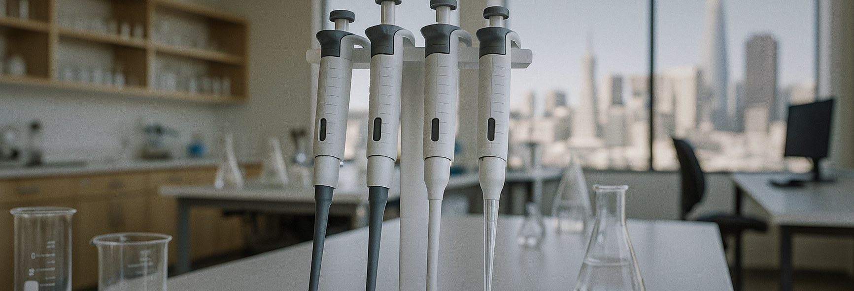 pipettes, petri dishes and glassware on a lab bench in a bright San Francisco laboratory