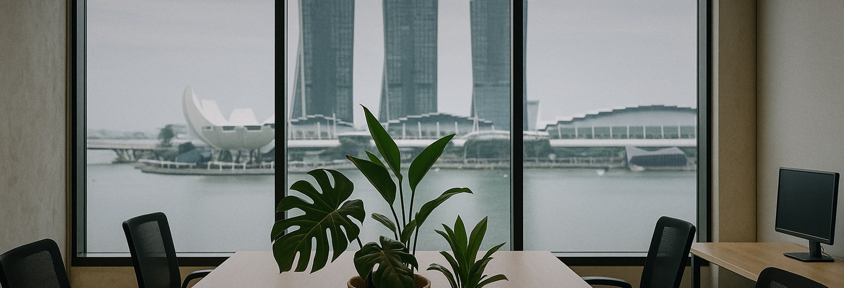 a meeting table with tropical plants, with Singapore's Marina Bay towers outside
