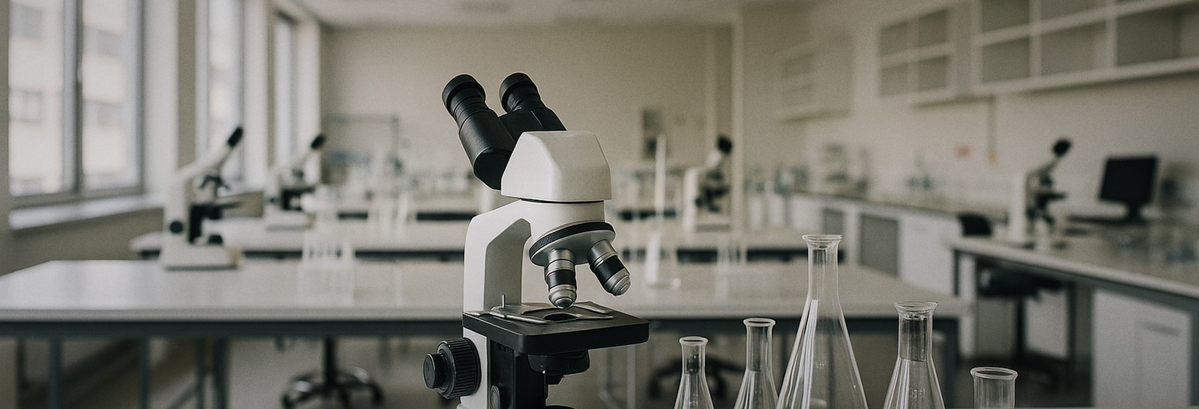microscopes, glassware and white benches in a modern shared laboratory