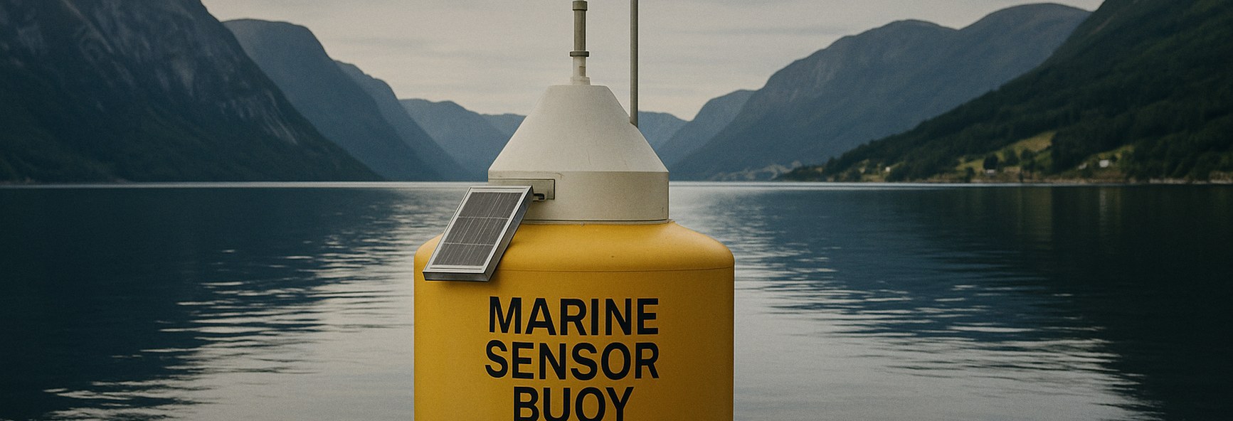 a marine sensor buoy on a wooden dock beside a calm Norwegian fjord with mountains