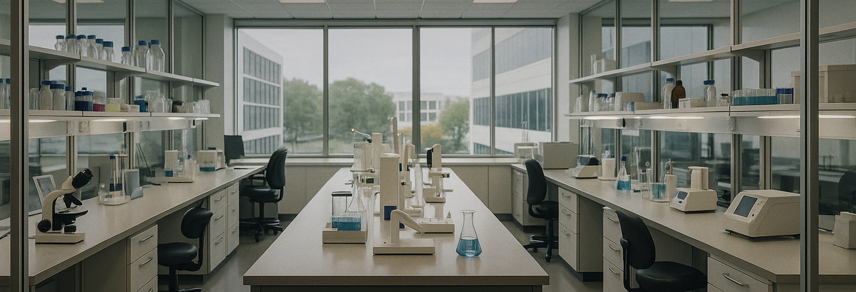 a shared biotech lab with glass walls, benches and scientific equipment