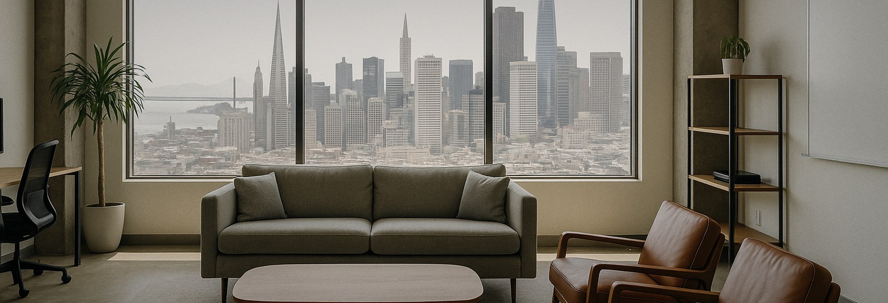 a lounge area in a San Francisco startup office with a large window over the city