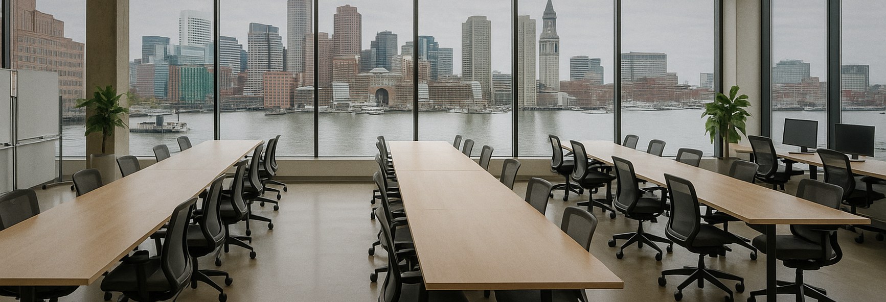 a large open innovation space with long tables, with Boston harbour outside