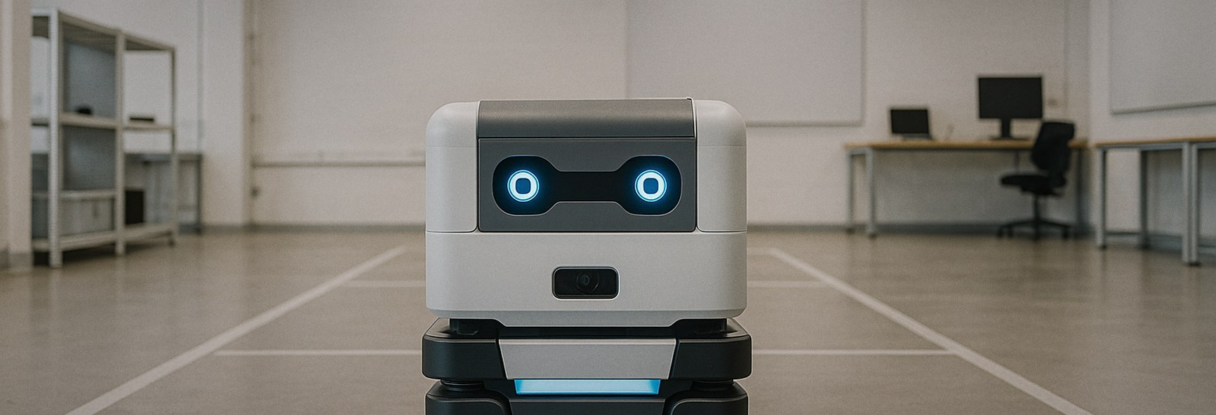 an autonomous mobile robot in a clean robotics test area with a marked floor