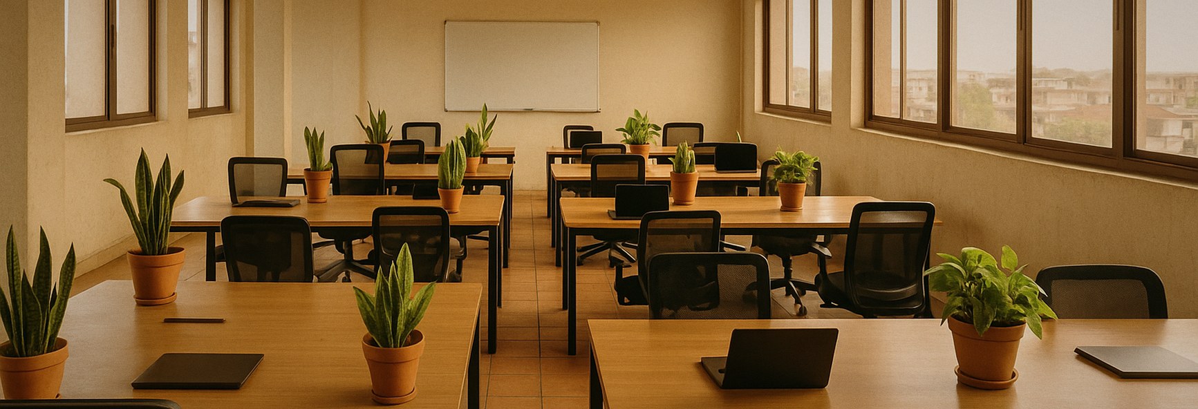 rows of desks and plants in a bright Accra training room, warm sunlight