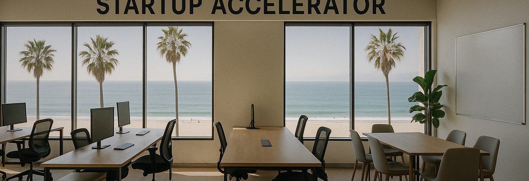 a sunny Santa Monica startup office with palm trees and the Pacific outside