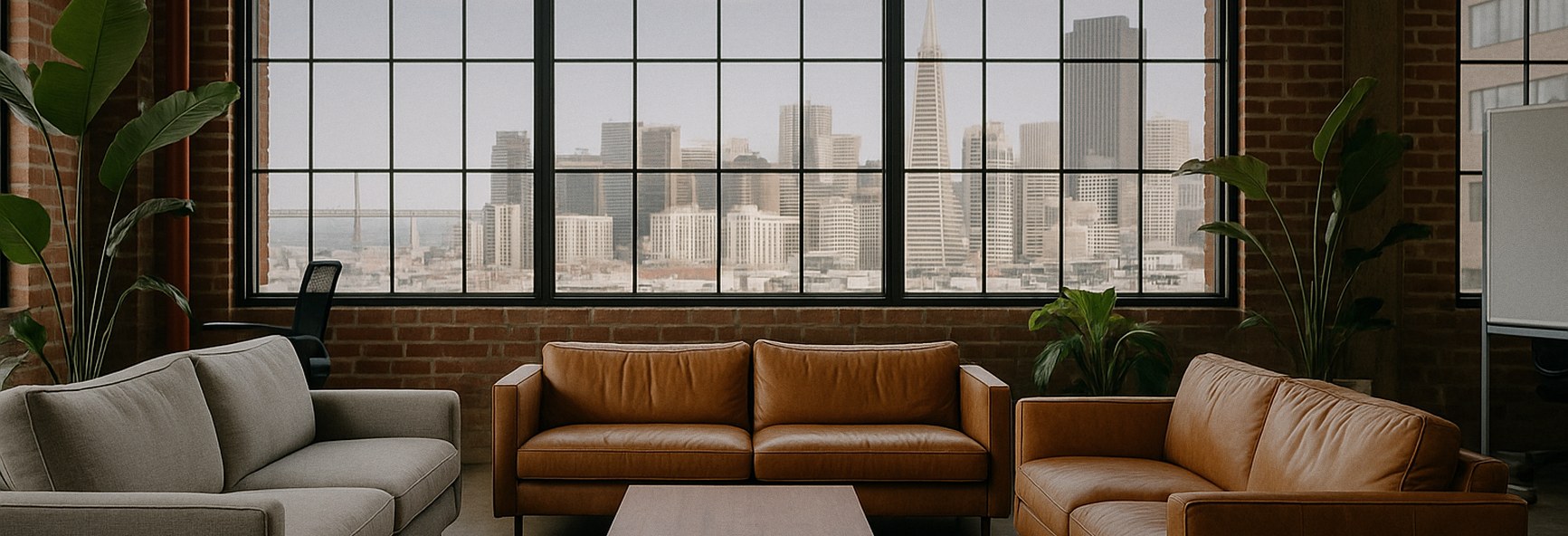 sofas and plants in a relaxed San Francisco community space with large windows