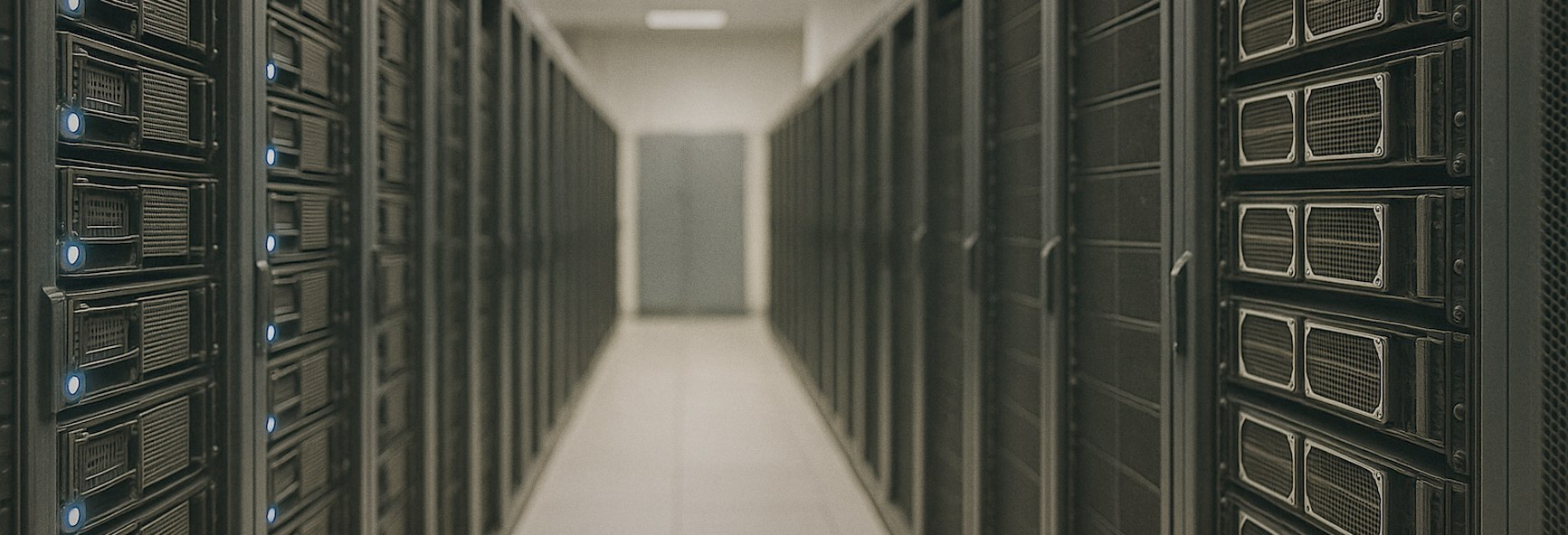 rows of GPU servers with soft blue status lights in a bright data centre aisle