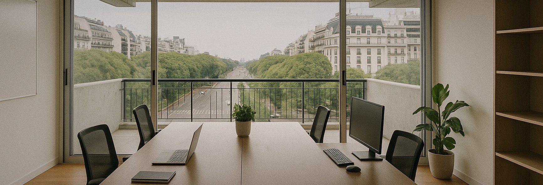 a modern Buenos Aires office with a balcony view over wide tree-lined avenues