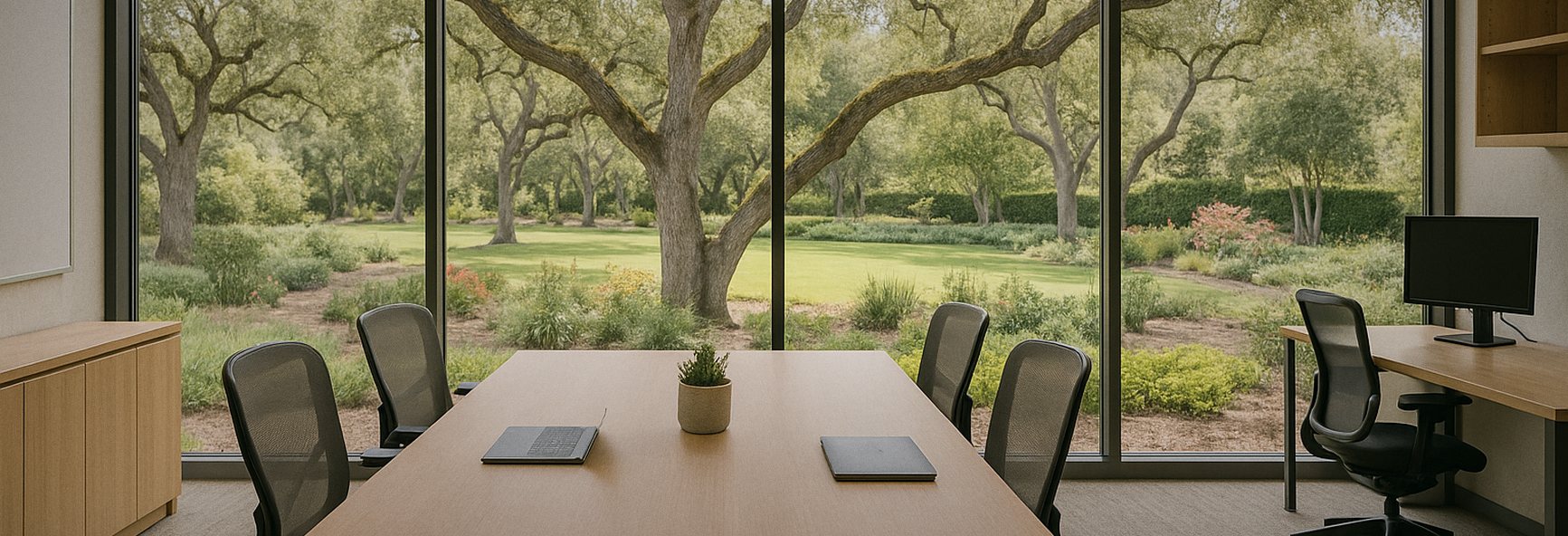 a bright Menlo Park office with oak trees and a garden view