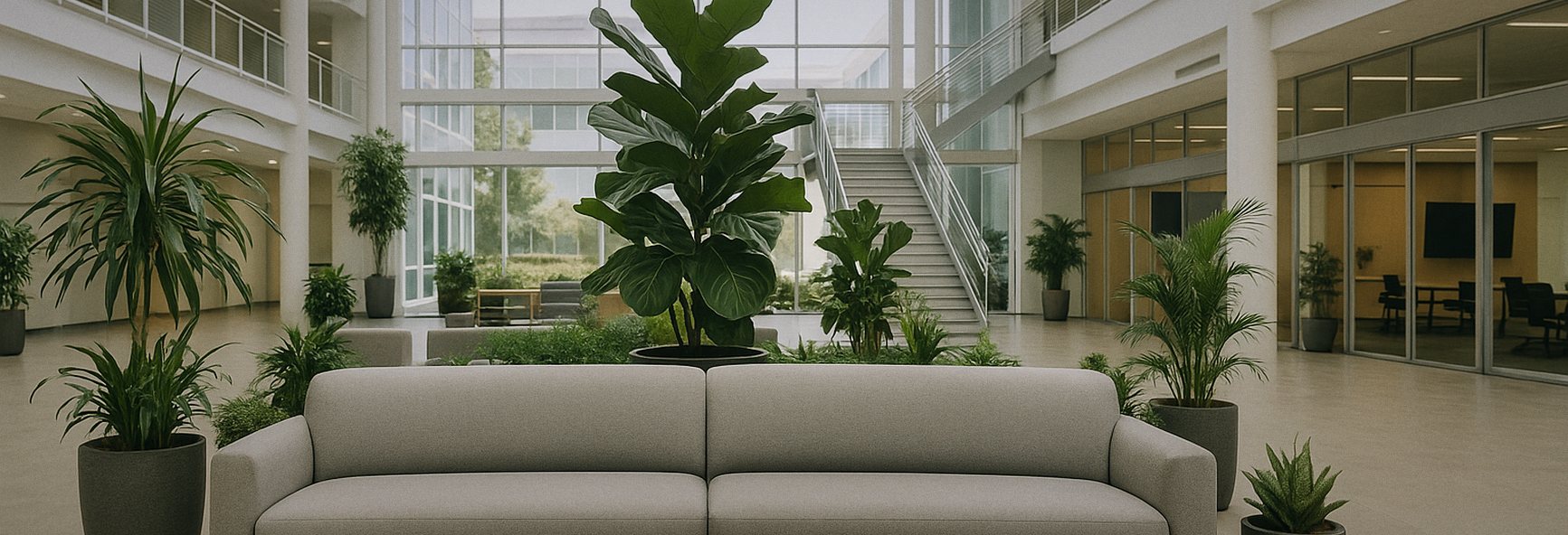lounge seating and plants in a large Sunnyvale innovation centre atrium