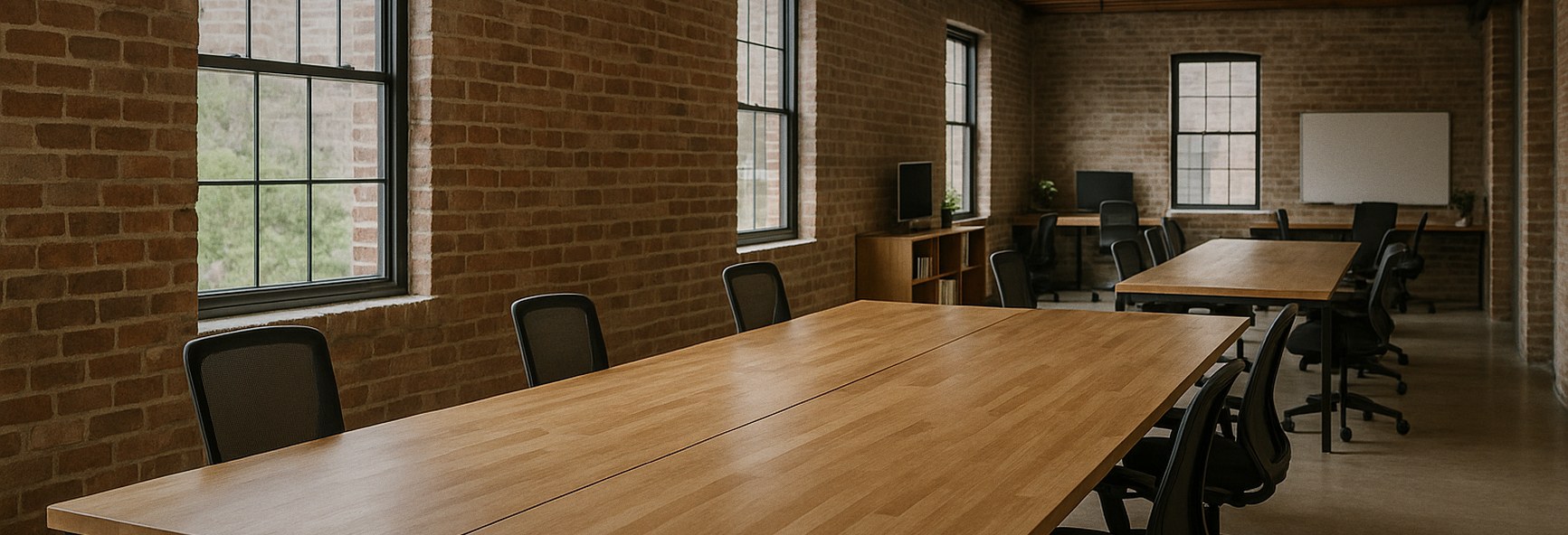 brick walls and long wooden desks in a modern Columbus studio office