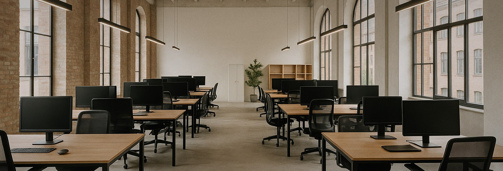rows of desks under high ceilings in a large modern Berlin office