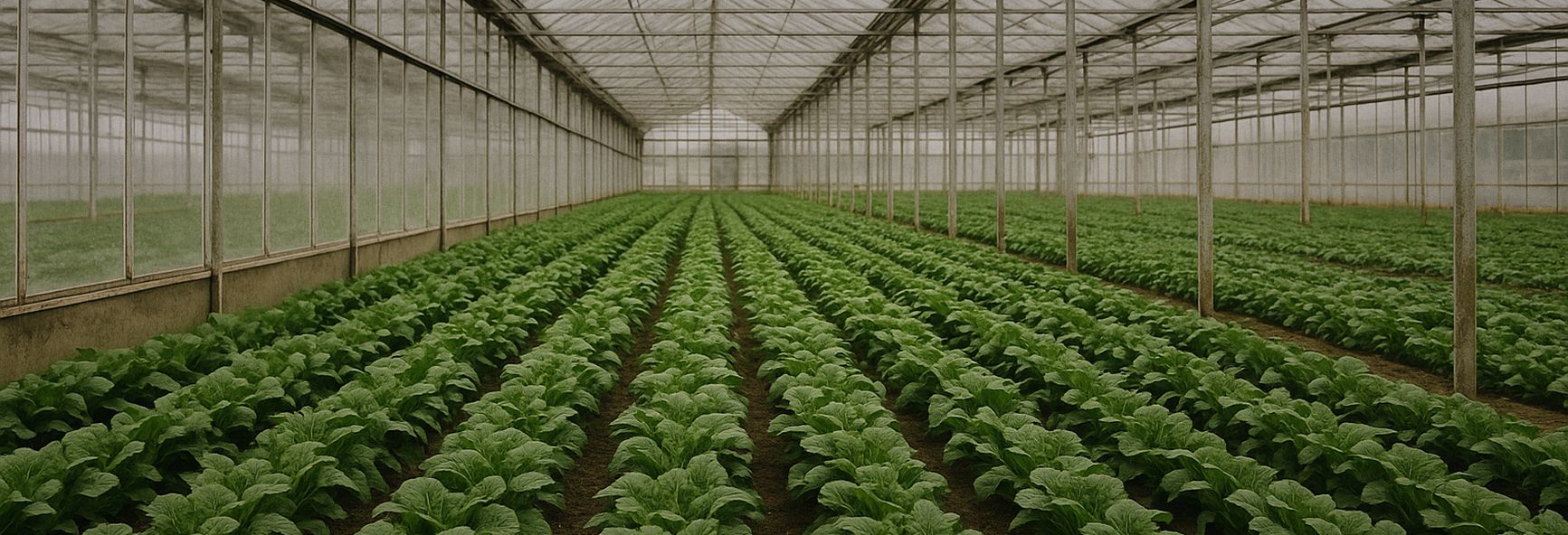 rows of lush crops in a modern Dutch greenhouse under glass