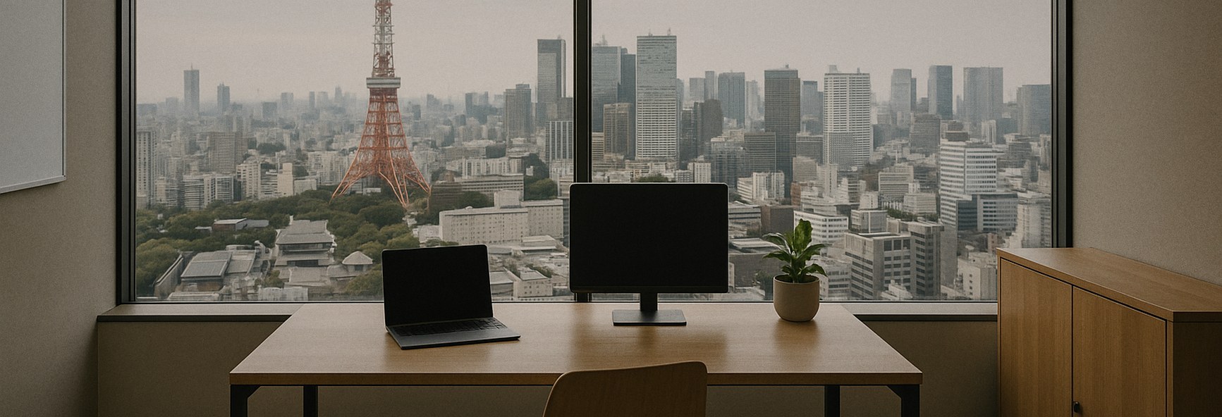 a minimalist Tokyo office with a view over the city skyline