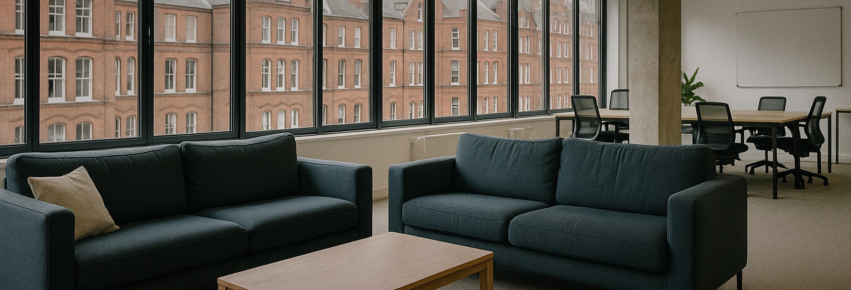 sofas in a bright London office, with red-brick buildings outside