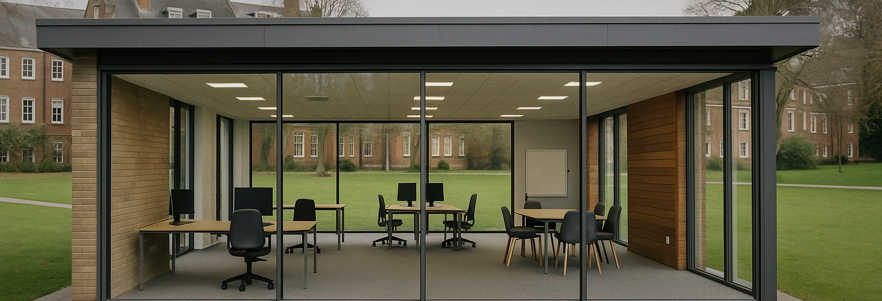 a modern incubator office on an English university campus, with lawns outside