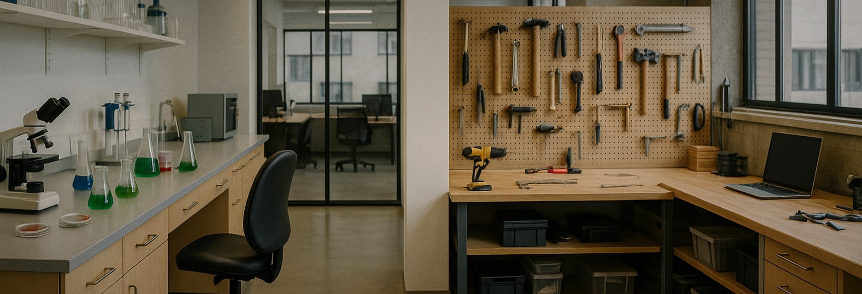 a biology lab bench and a hardware workshop side by side