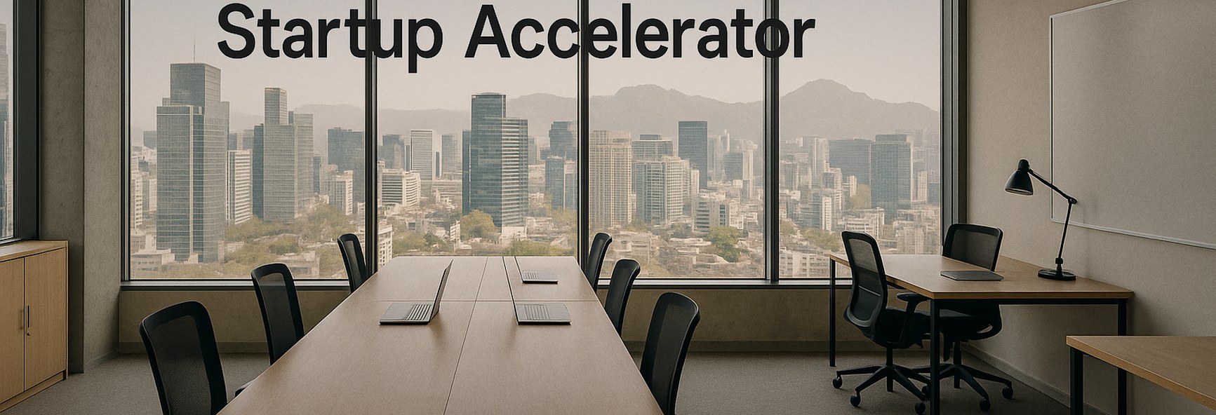 a modern Seoul office, with city towers and mountains through the windows