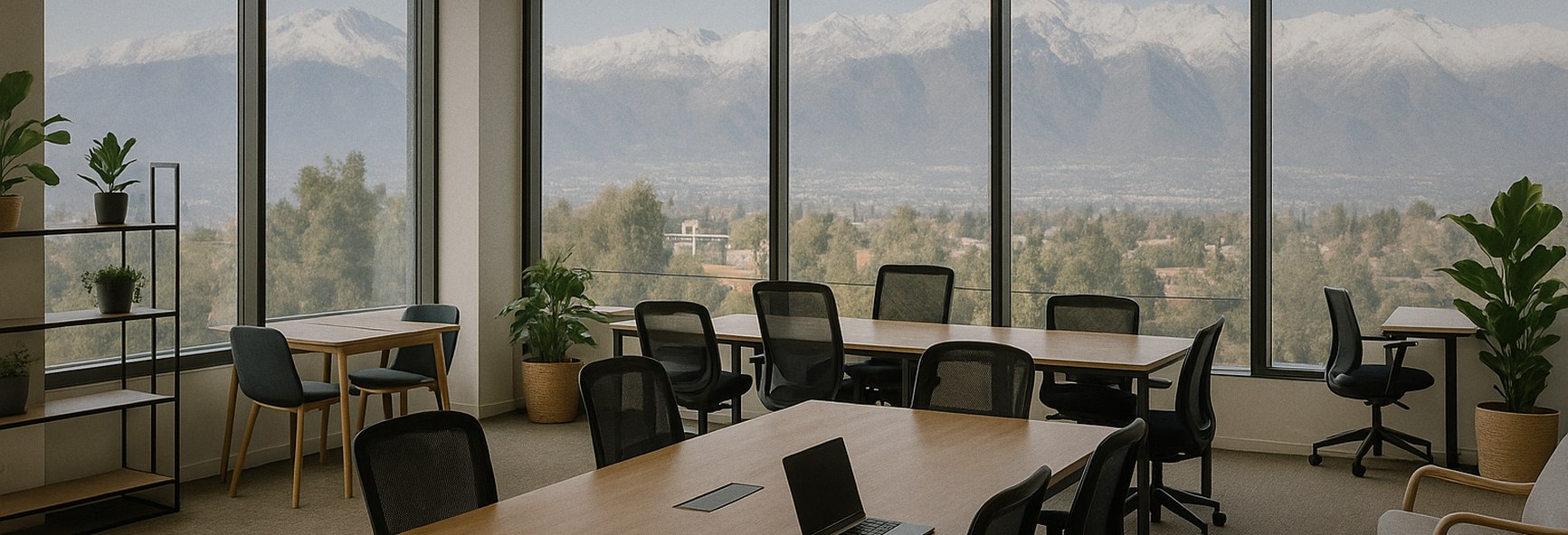 a Santiago coworking space with the snow-capped Andes through the windows