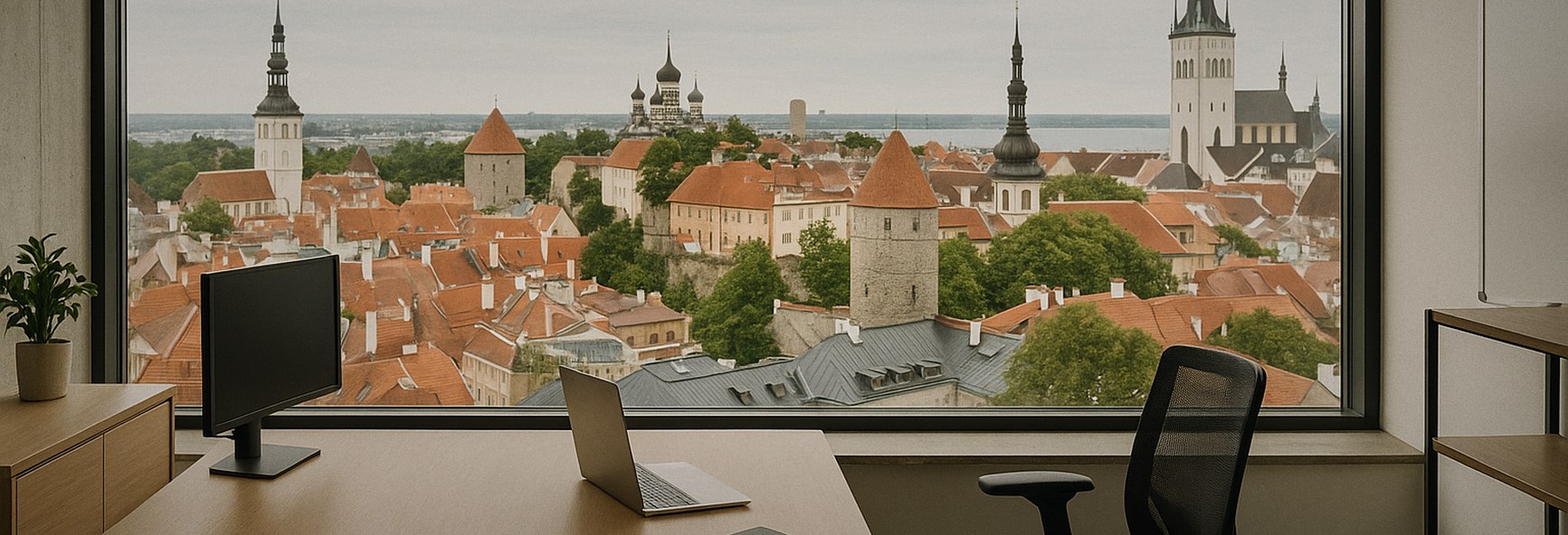 a Tallinn office overlooking the medieval old town's red roofs and church spires