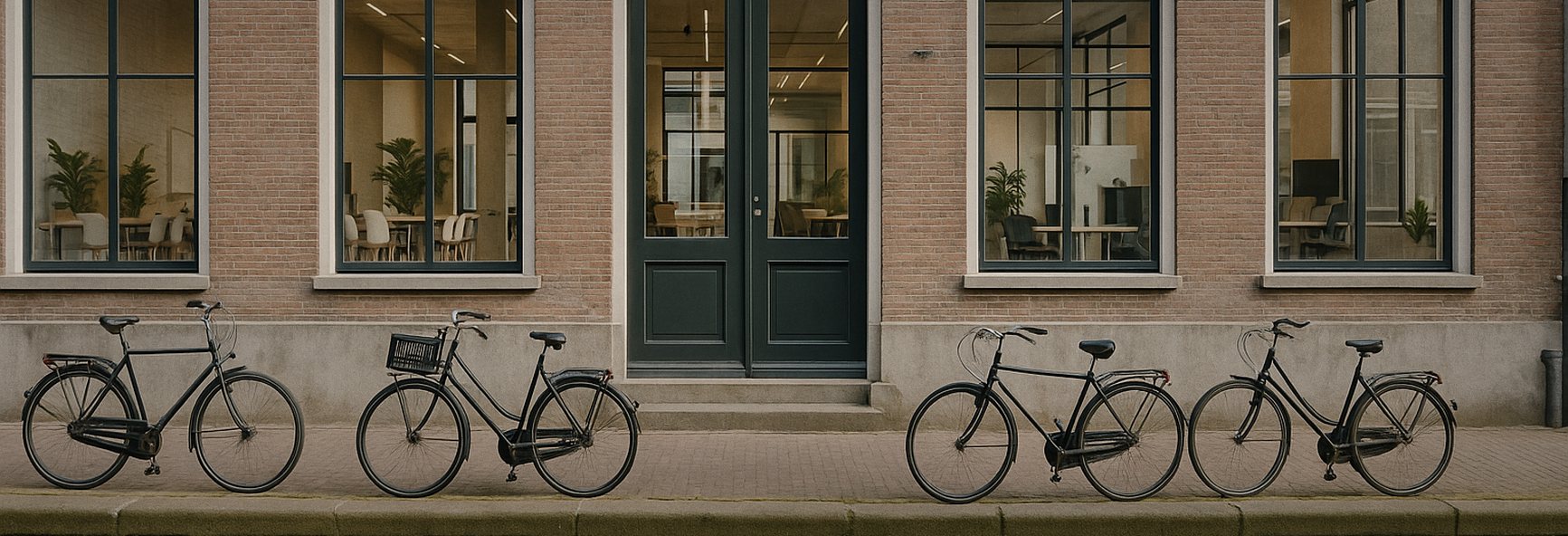 a modern Amsterdam accelerator space beside a canal, with bicycles outside