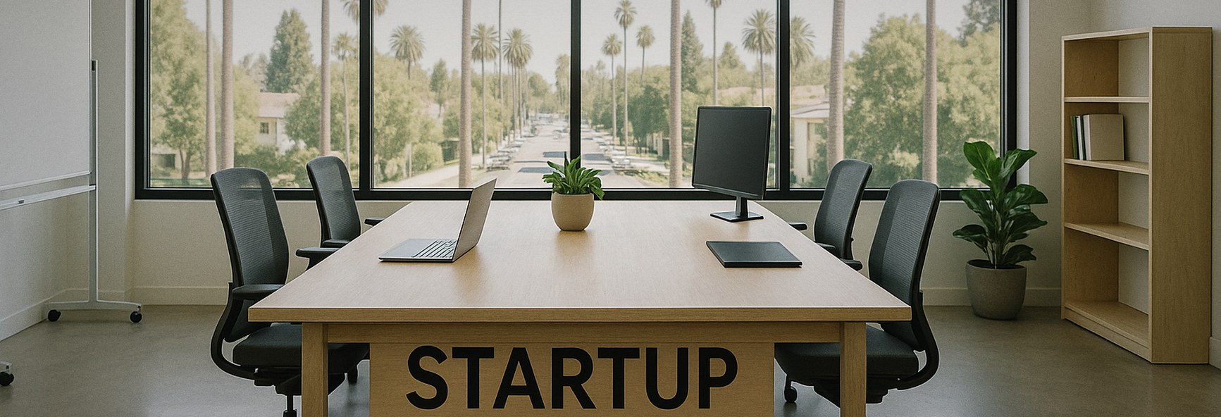 a bright Palo Alto workspace with palm trees outside