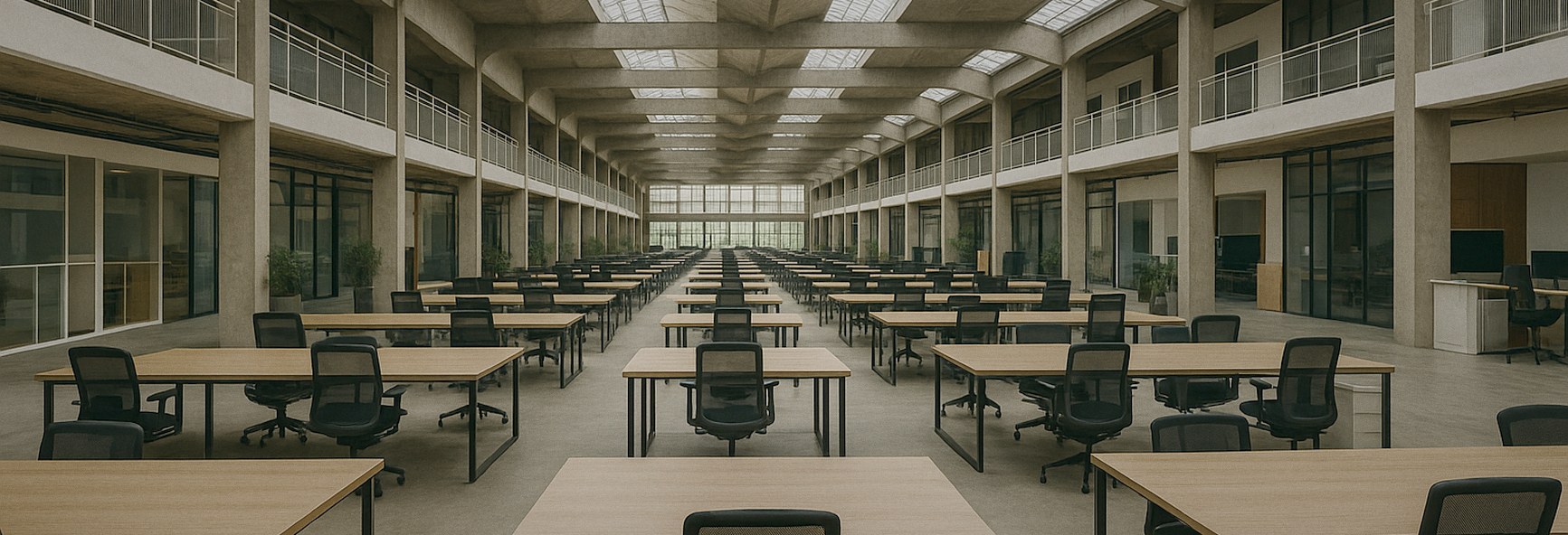 a vast startup campus interior with rows of desks under a high concrete and glass roof