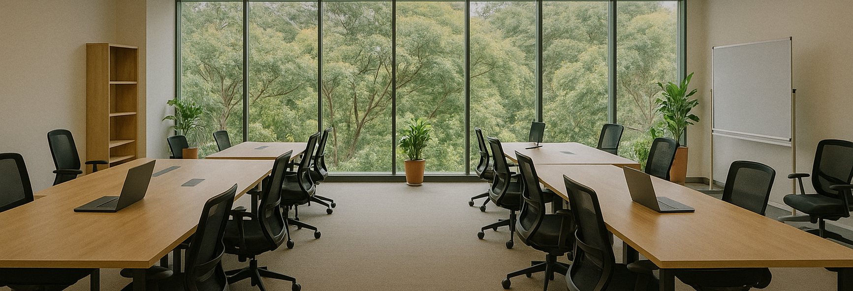 a bright Bengaluru office with lush greenery outside