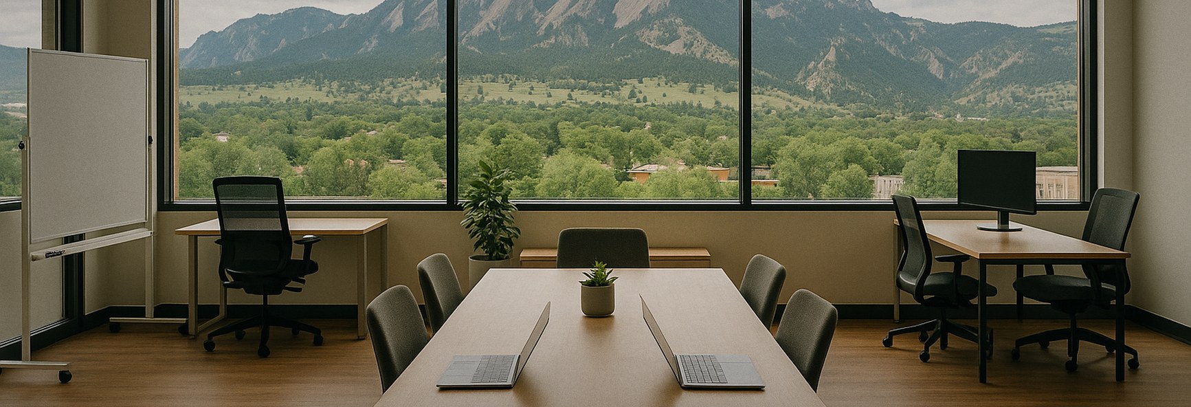 a bright Boulder office with the Flatirons mountains through large windows