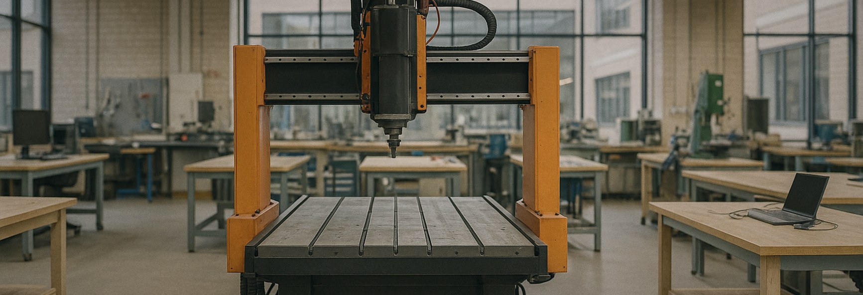 heavy engineering equipment and workbenches in a large Cambridge lab facility