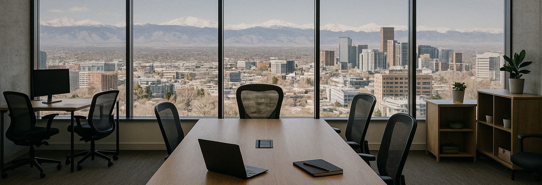 a Denver office with the Rocky Mountains through tall windows