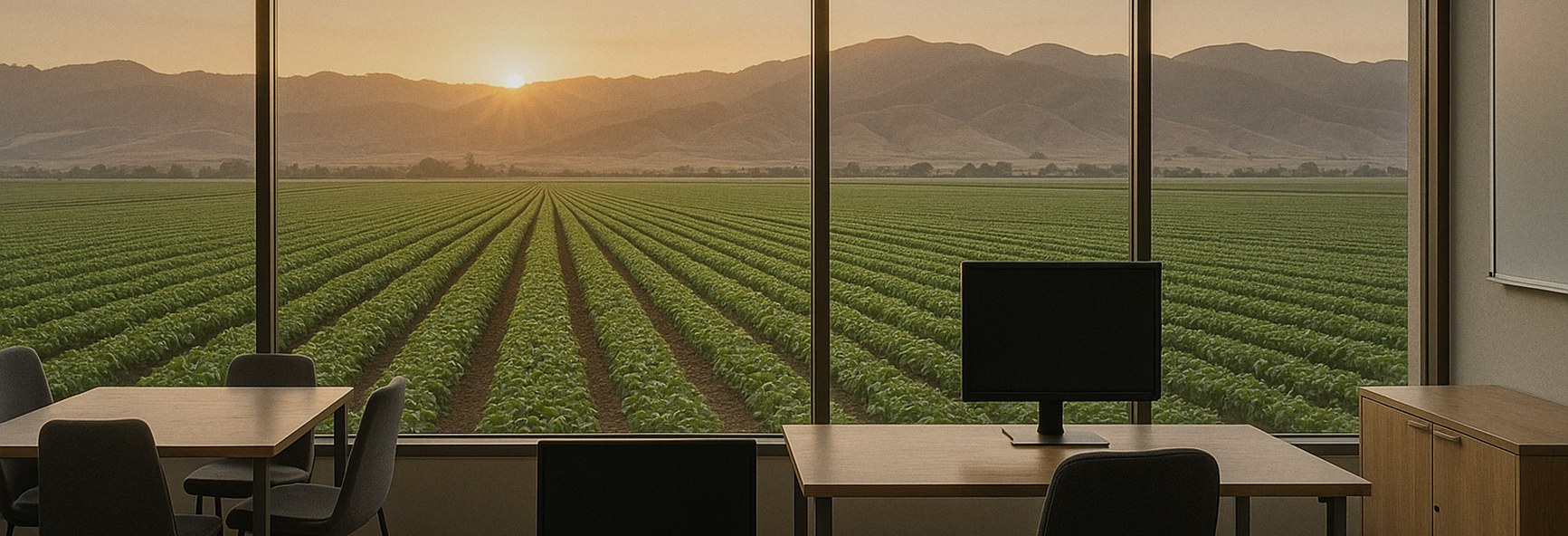 Salinas Valley lettuce fields at sunrise with rolling hills beyond