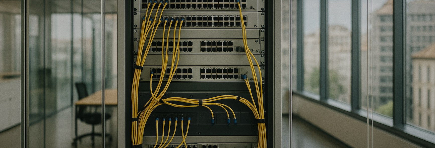telecom network equipment in a glass server room in a modern Madrid office