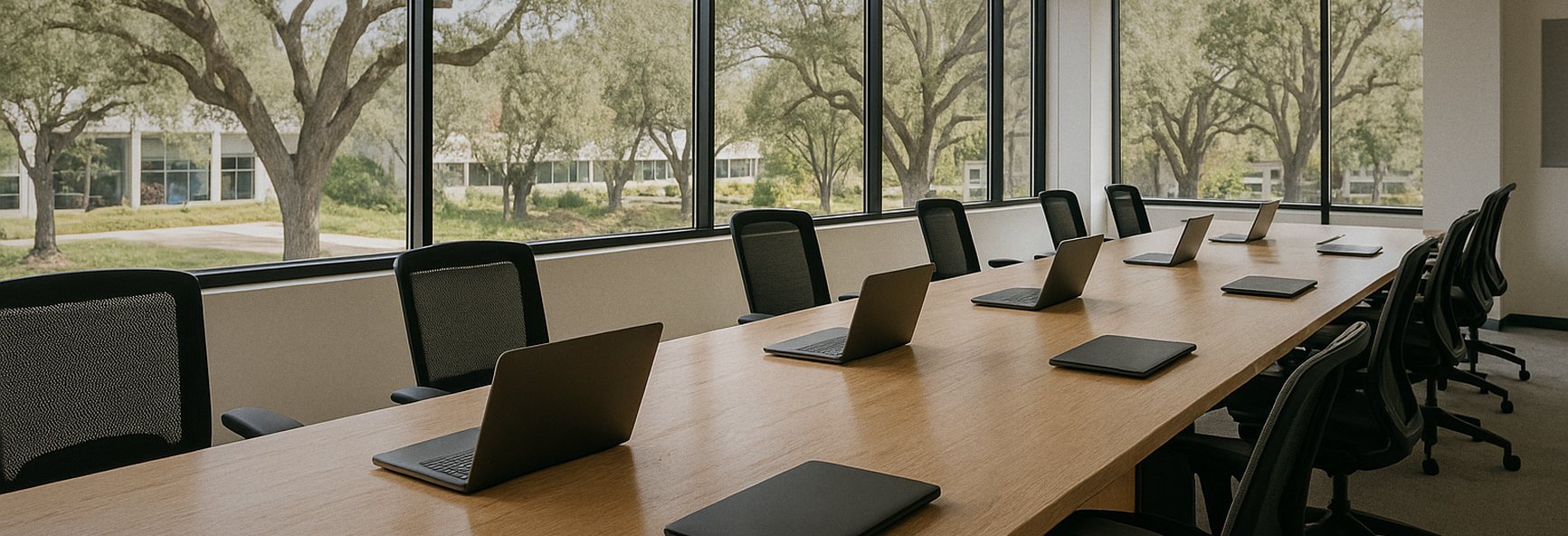 long wooden desks with closed laptops in a bright Mountain View office, with California oak trees outside