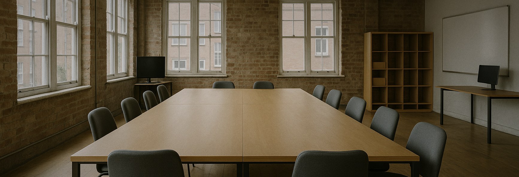 a large collaborative table with chairs in a London workshop space, soft daylight