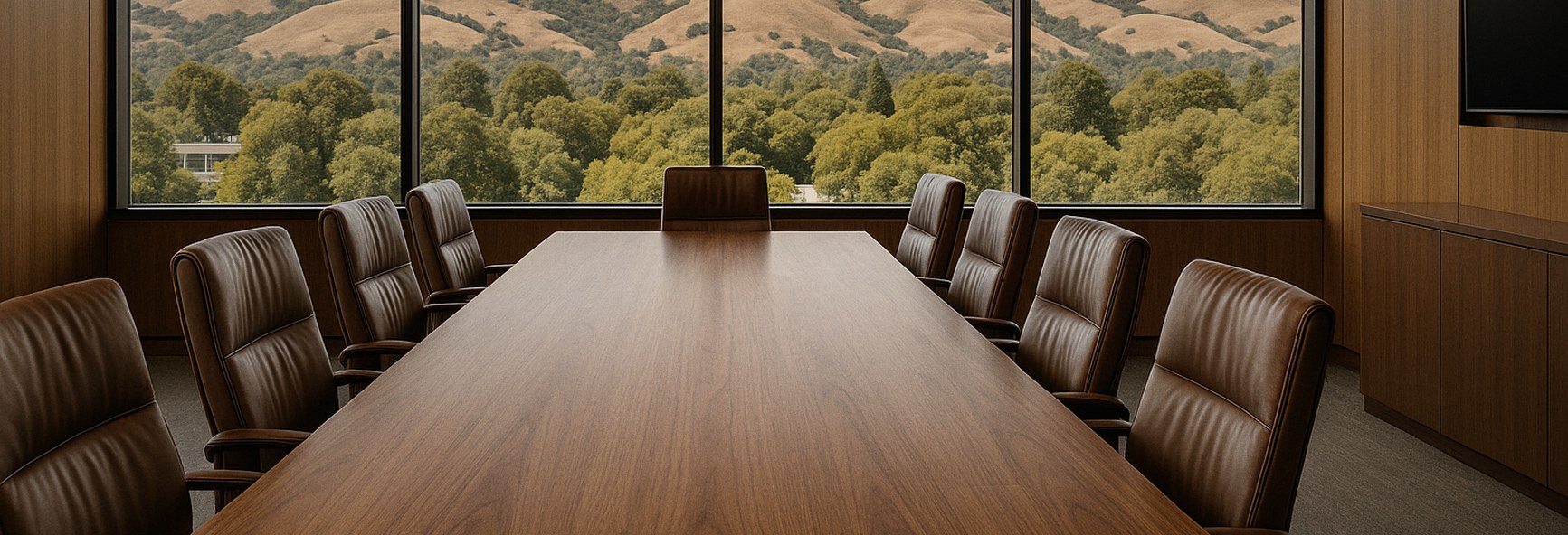 a quiet partners' boardroom with a long walnut table and leather chairs, with the golden oak-covered hills of Menlo Park