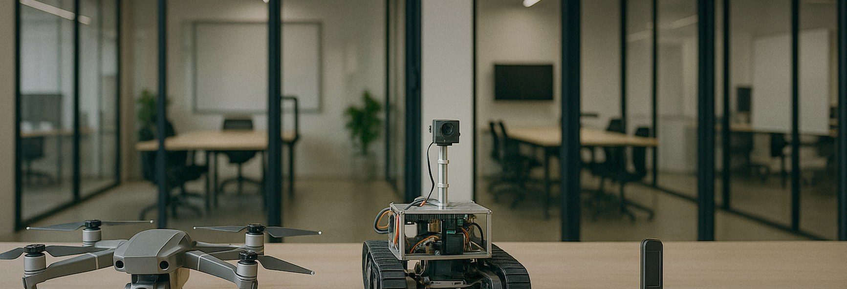 a long workbench holding a drone, a robotics prototype and a crypto hardware wallet in a modern Menlo Park office, glass