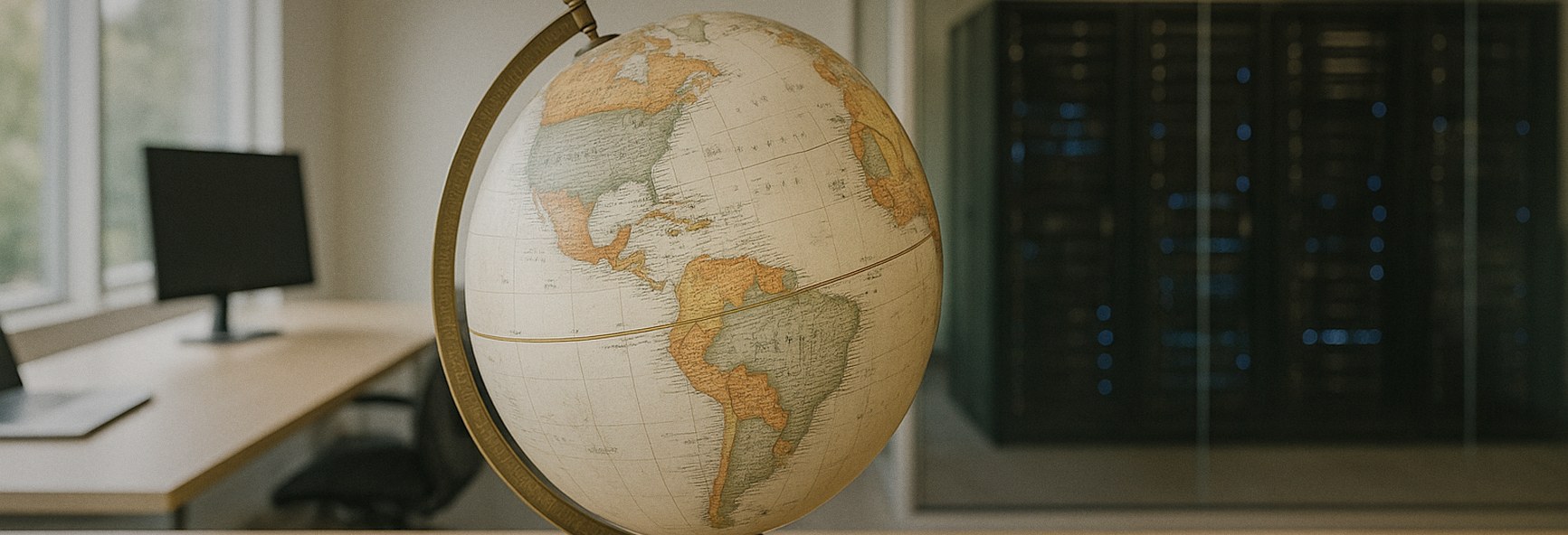 a world globe on a desk in a bright Palo Alto office, with a server infrastructure room visible through a glass wall