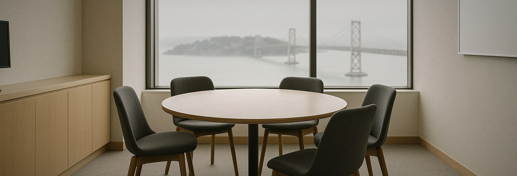 a small round table with five identical chairs in a calm, minimal San Francisco office, with the bay softly blurred outs