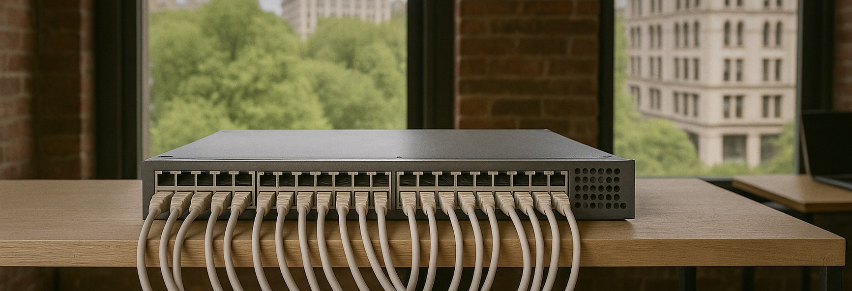 a network switch with neatly connected cables on a shelf in a New York loft overlooking the green trees of Union Square 