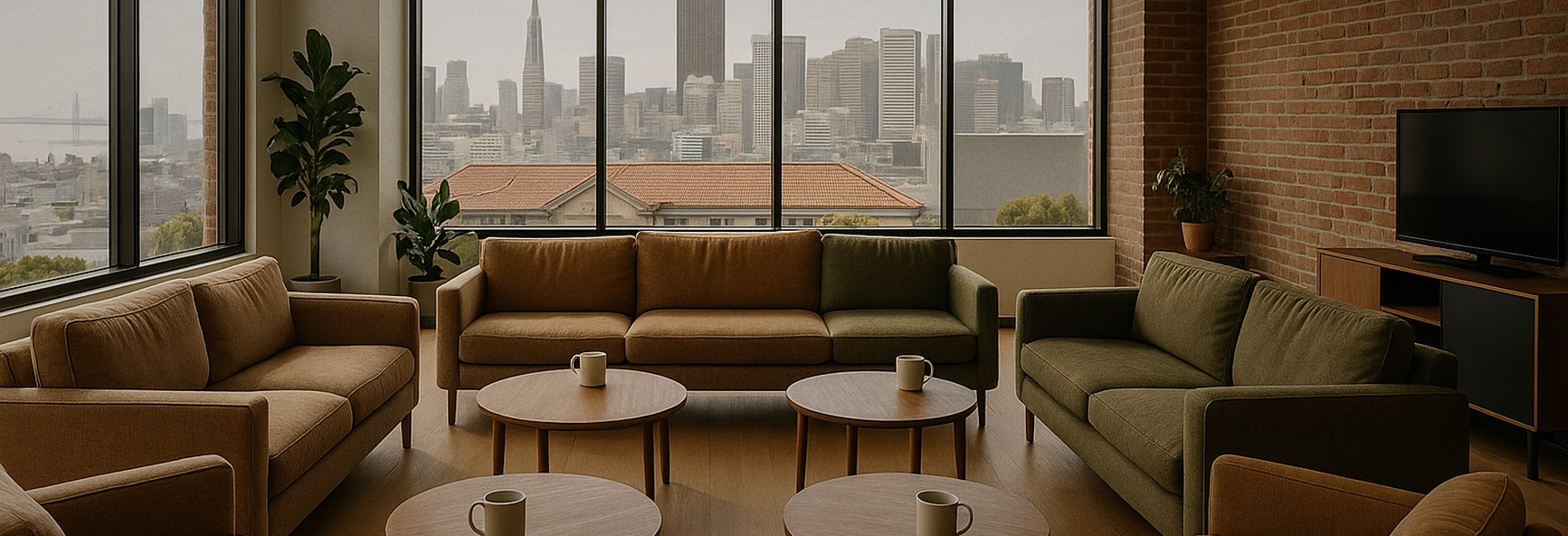 a warm community lounge with sofas arranged in a circle and coffee cups on low tables, soft San Francisco daylight