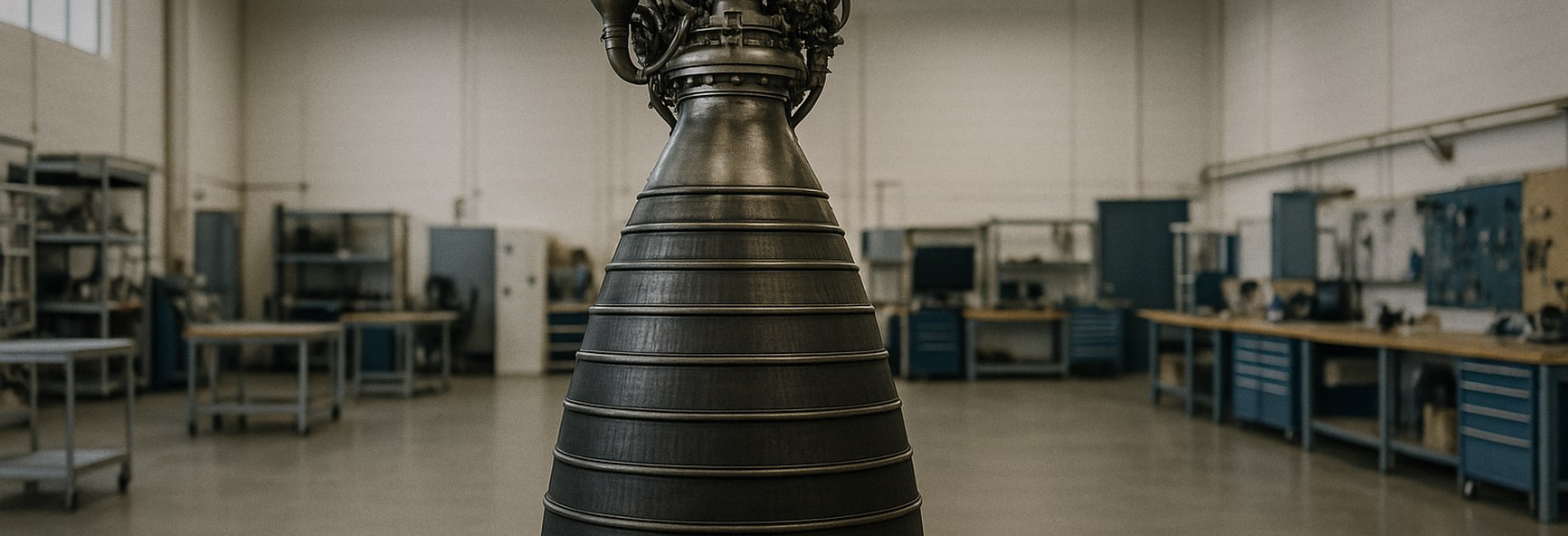 a large rocket engine nozzle on a stand in a clean aerospace hangar workshop
