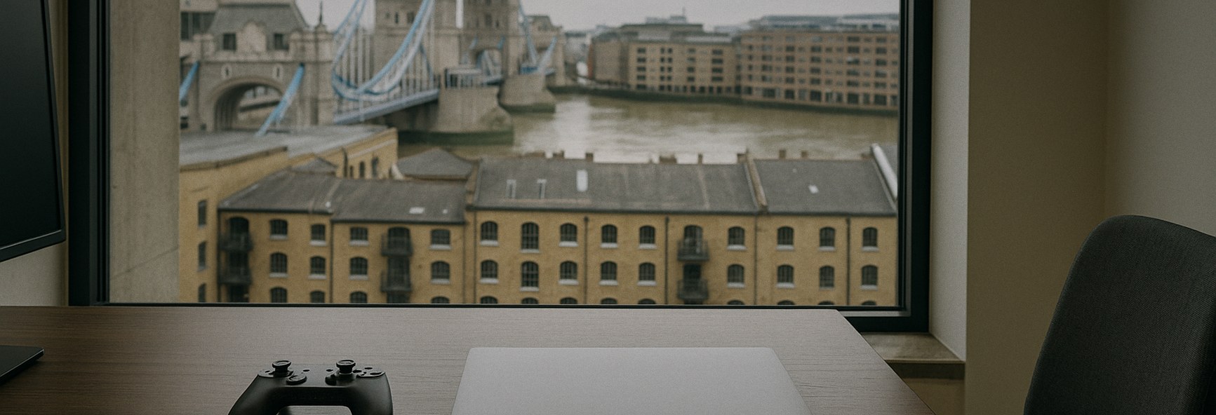 a London office overlooking the Thames and Tower Bridge-era brick warehouses, a game controller and a closed laptop on t