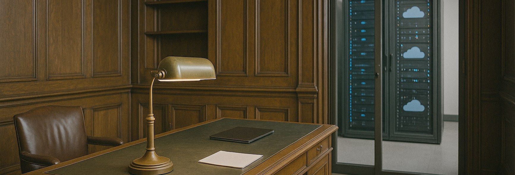 a historic oak-panelled office with a vintage brass desk lamp, with a modern cloud server rack visible through a glass d
