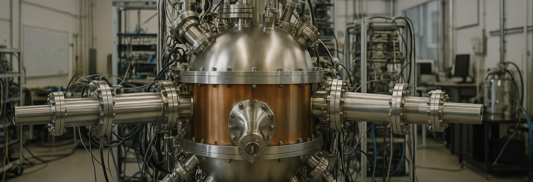 a fusion energy research device surrounded by precision instruments in a high-tech laboratory
