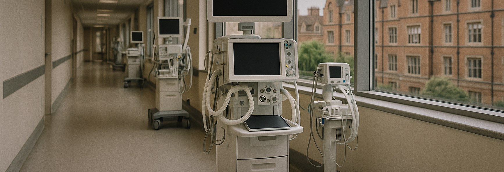 a modern hospital corridor with advanced medical equipment, with Cambridge red-brick buildings through the windows