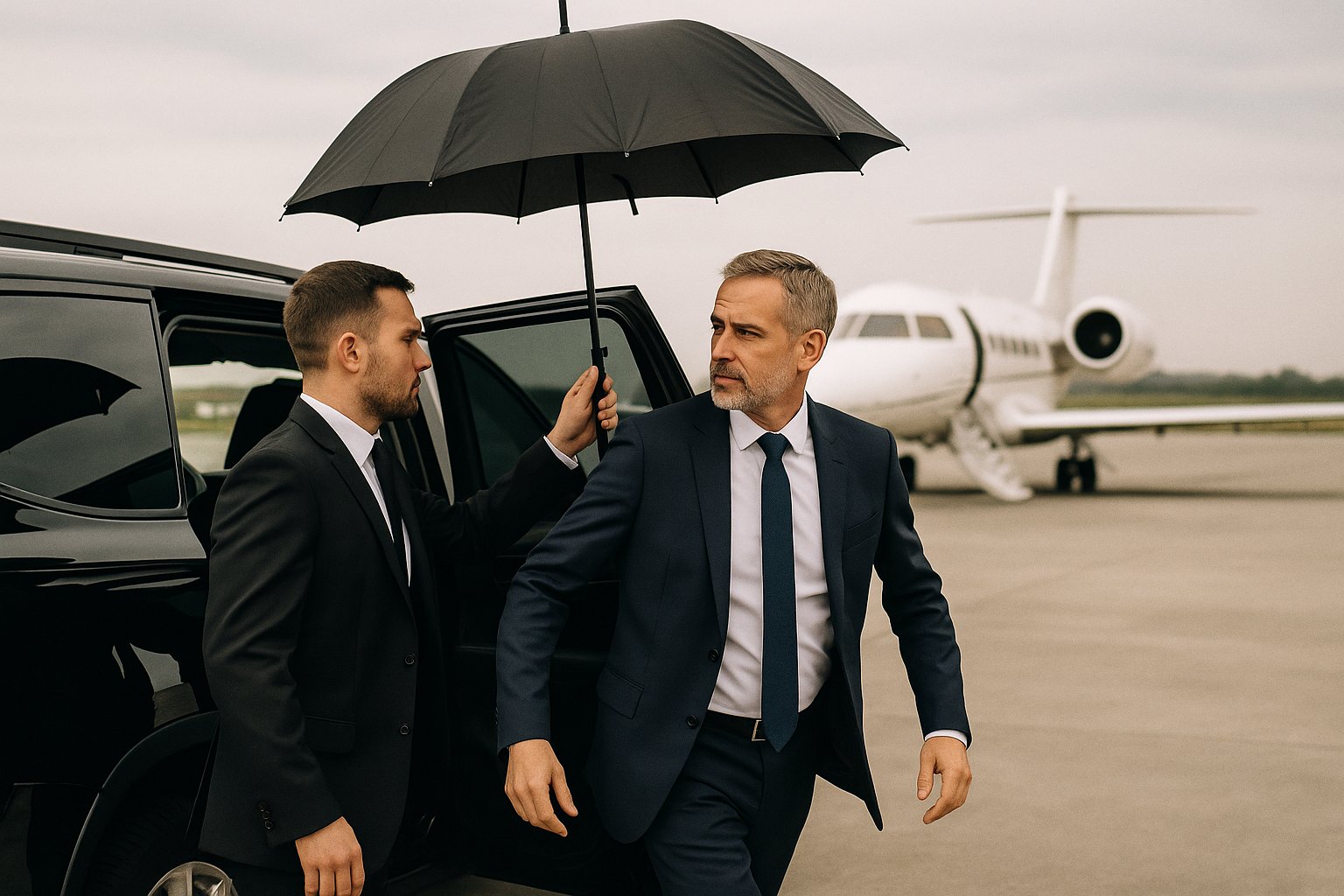 A protection agent holding a black umbrella over an executive stepping out of a black SUV on a private airfield, jet behind